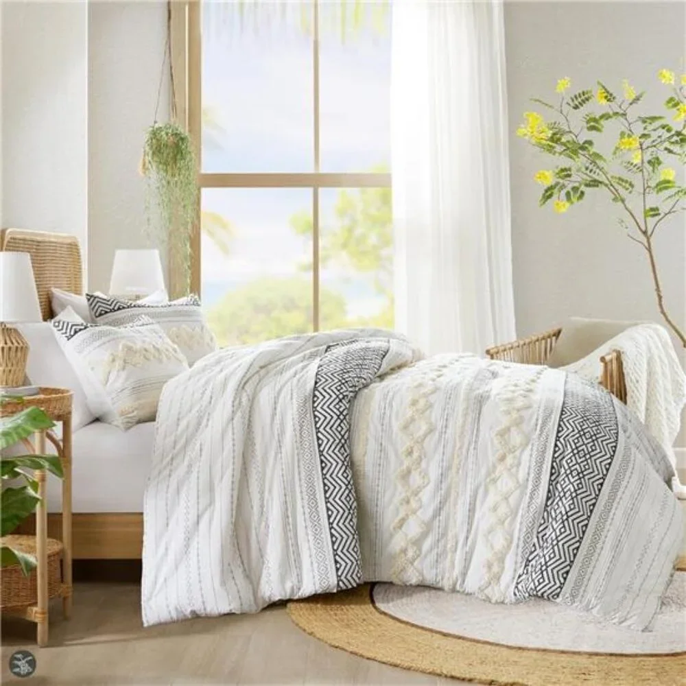 Farmhouse Bedding Comforter Sets, Ivory Full/Queen Size Boho Bed Set,Cotton
